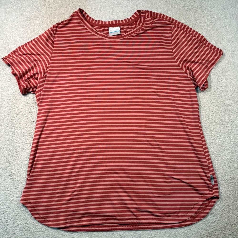 Columbia Striped T-Shirt Women 1X Red‎ Pink Short Sleeve Activewear Hiking Tee